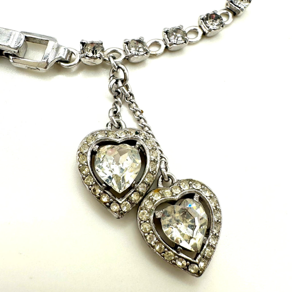 Crown Trifari silver tone rhinestones dangling hearts tennis 6.5" bracelet