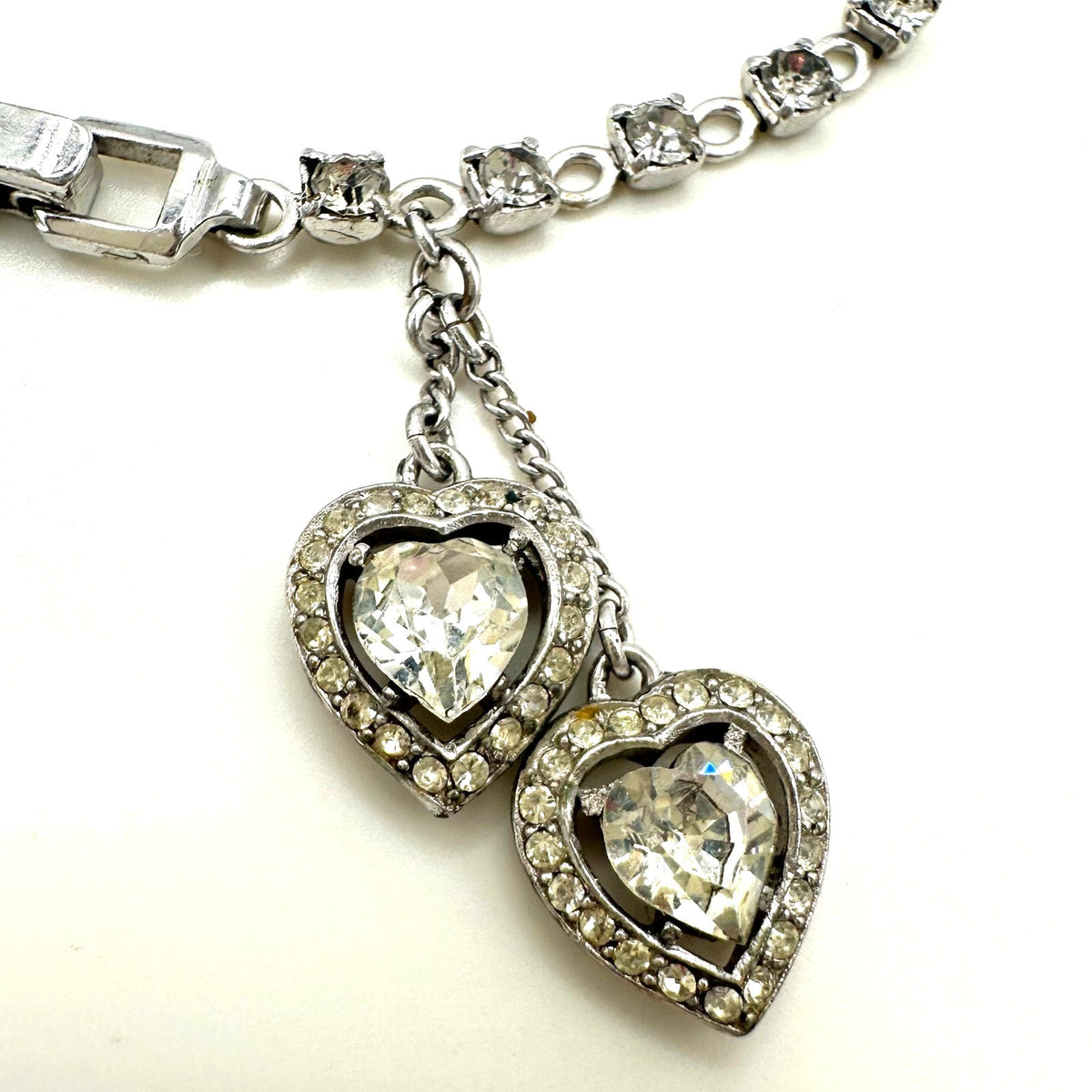 Crown Trifari silver tone rhinestones dangling hearts tennis 6.5" bracelet