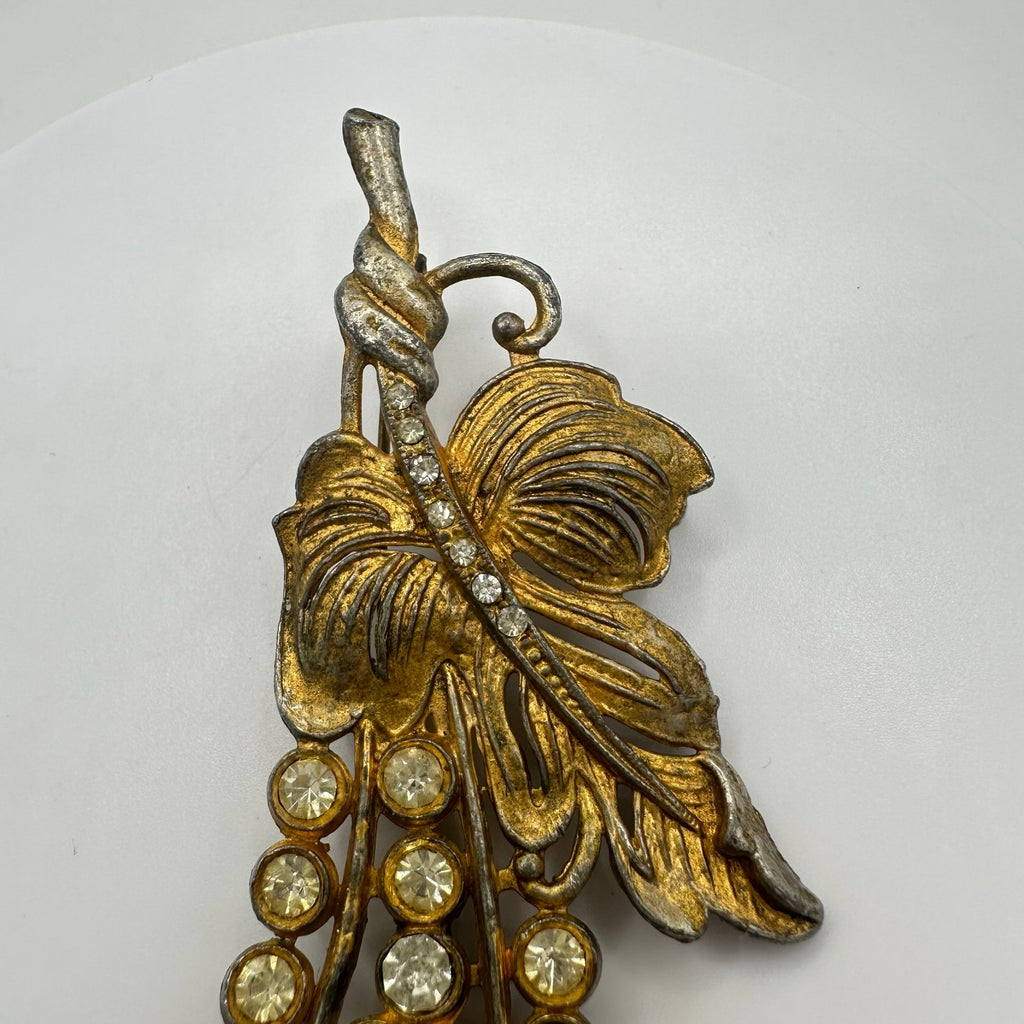 Vintage 1940s gold plated clear rhinestones floral buds fruit brooch pin