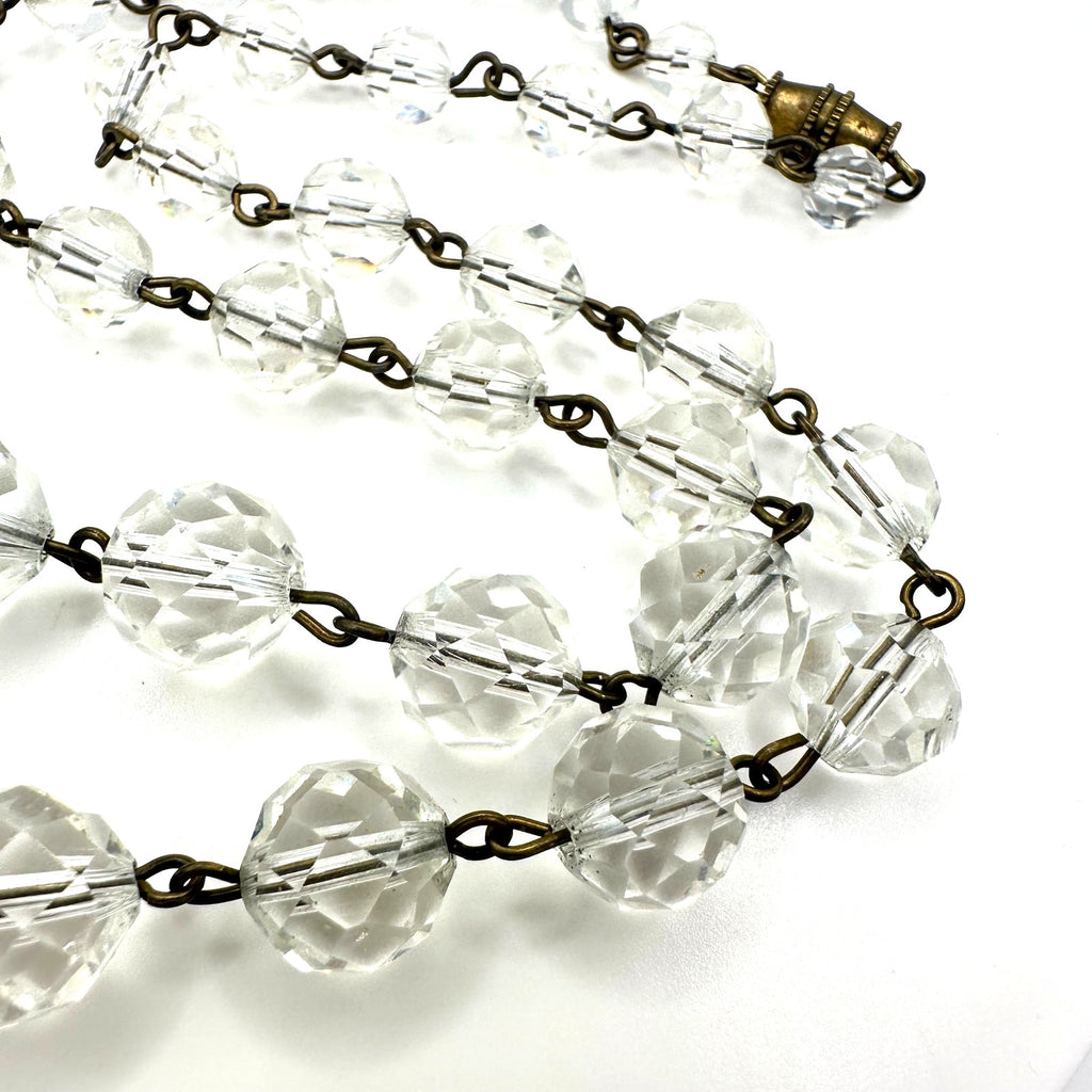 1940s vintage gold tone brass clear faceted glass beaded graduated 19" necklace