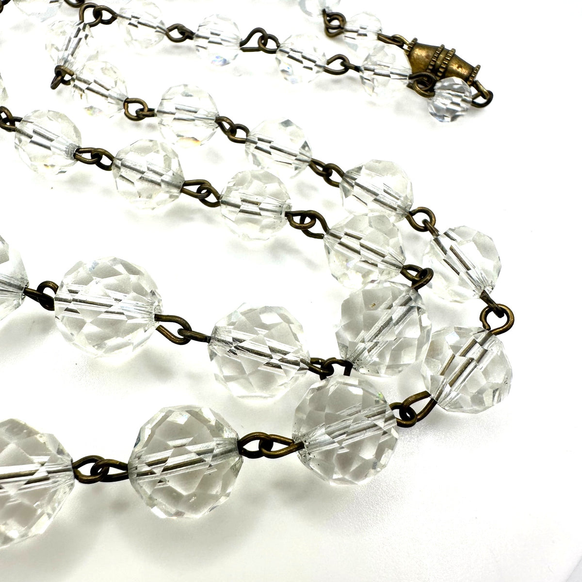 1940s vintage gold tone brass clear faceted glass beaded graduated 19" necklace