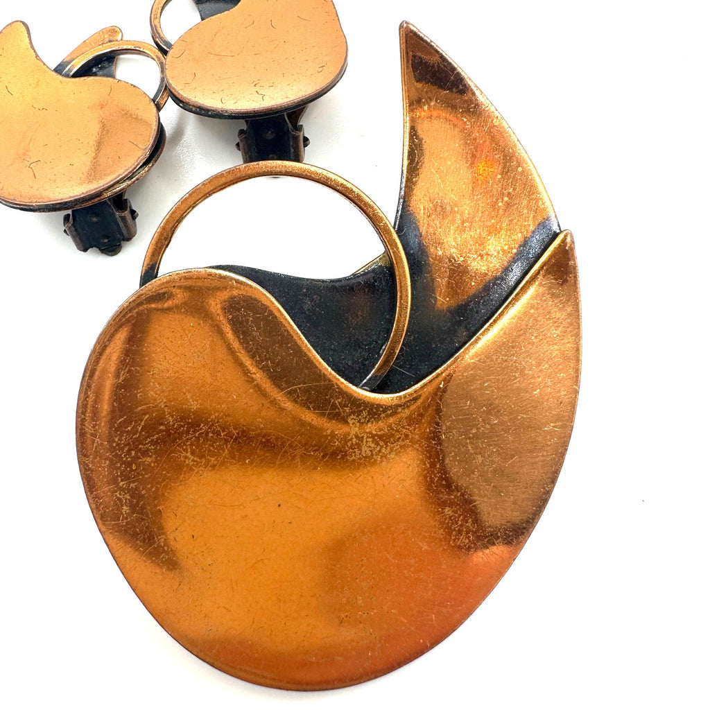Vintage solid copper modernist teardrop paisley brooch clip on earrings set