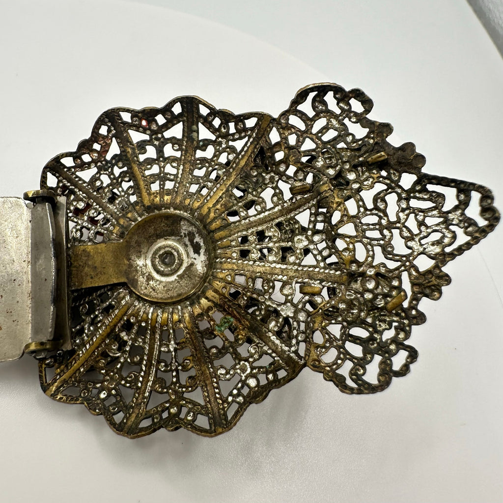 Antique Art Deco brass filigree orange art glass cabochons dress clip