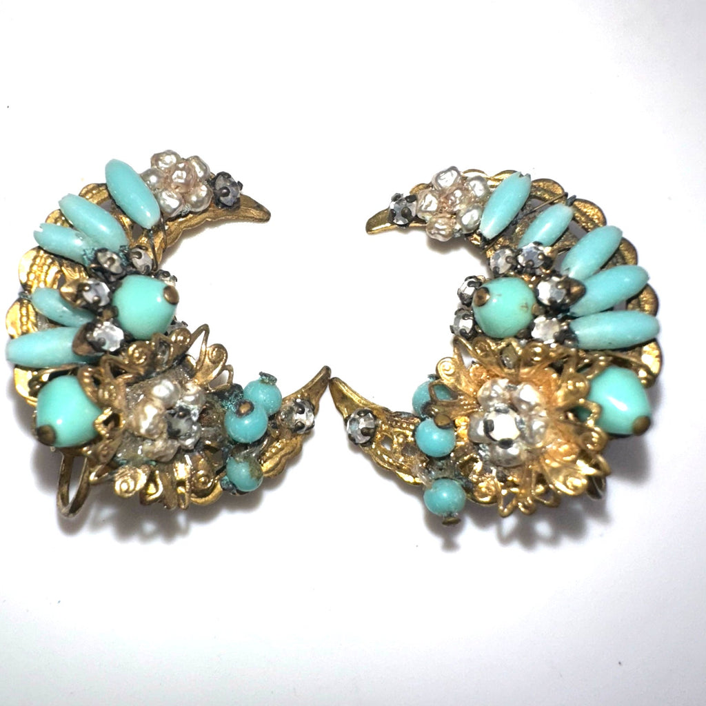 Vintage gold tone turquoise beaded rhinestones crescent moon clip on earrings