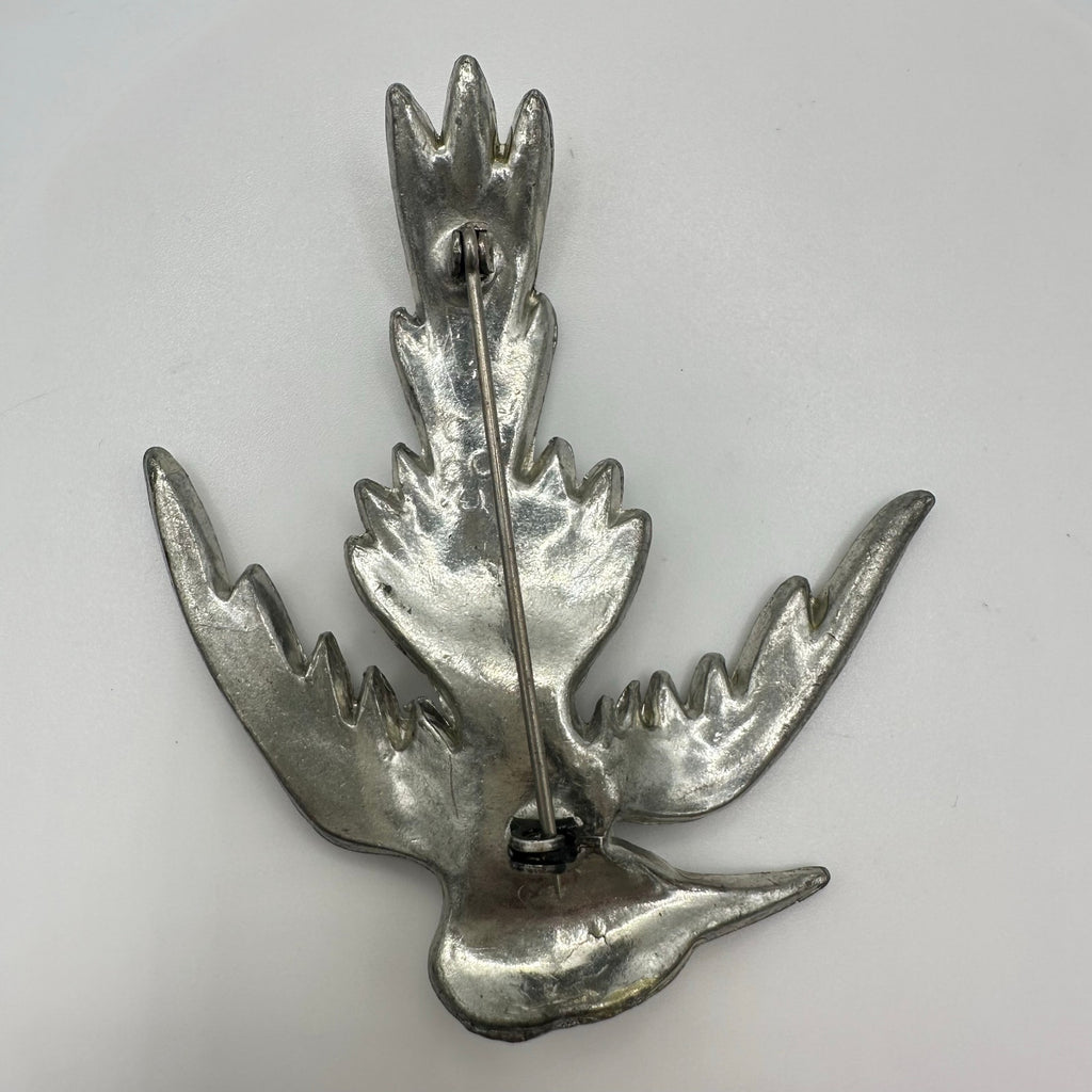 Antique Art Deco 1930s silver pot metal clear red rhinestones bird brooch