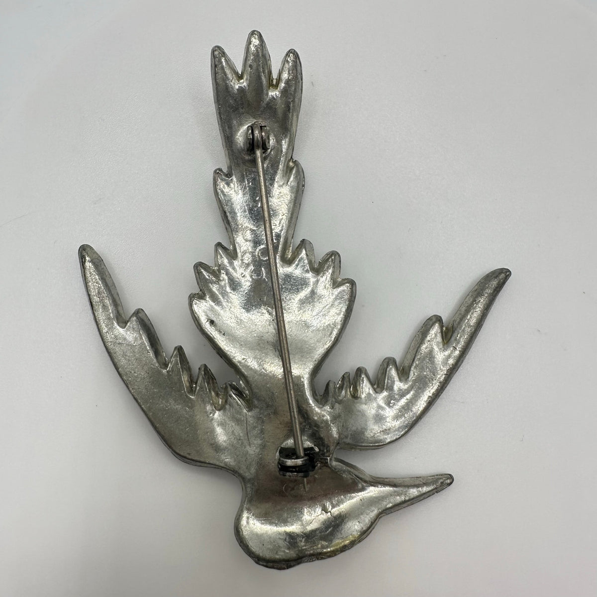 Antique Art Deco 1930s silver pot metal clear red rhinestones bird brooch