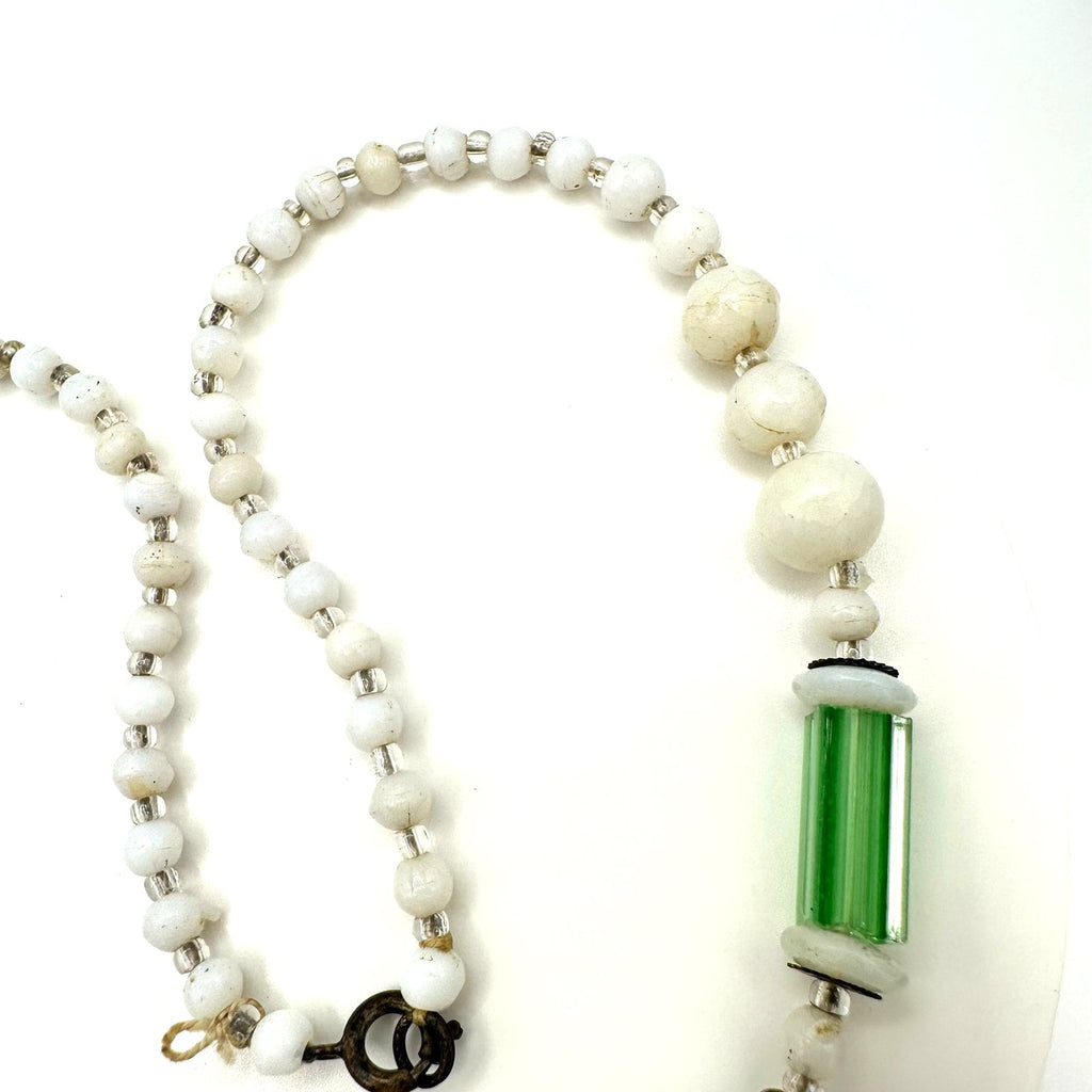 Antique Art Deco 1920s white milk green cane glass beaded graduated necklace