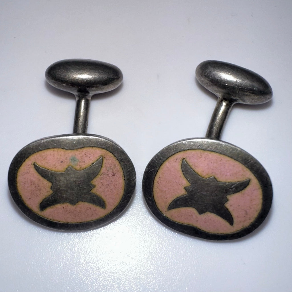 Antique Edwardian sterling silver pink cloisonné enamel bean back cufflinks
