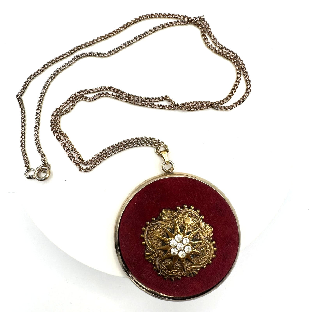 Vintage Victorian Revival gold tone red velvet Heraldic pendant 24" necklace