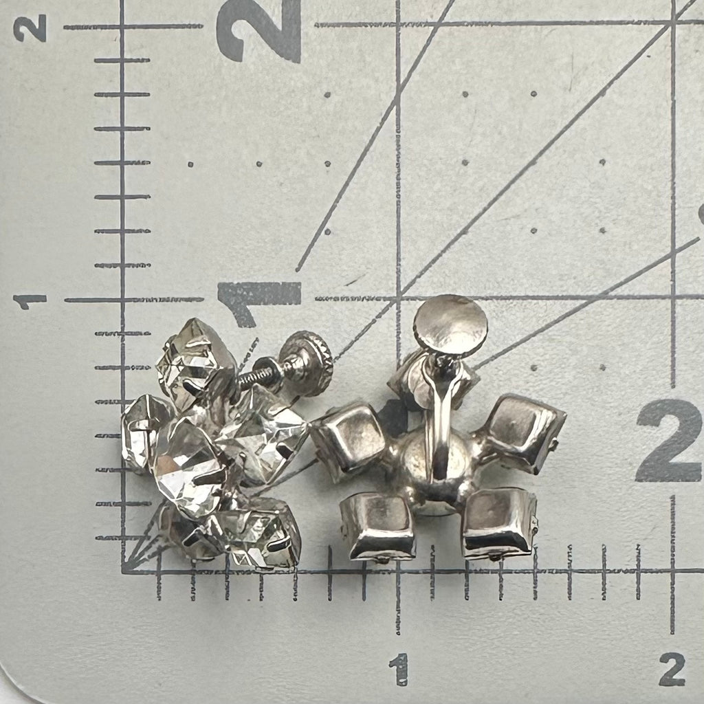1940s vintage retro clear rhinestones starburst silver tone screw back earrings