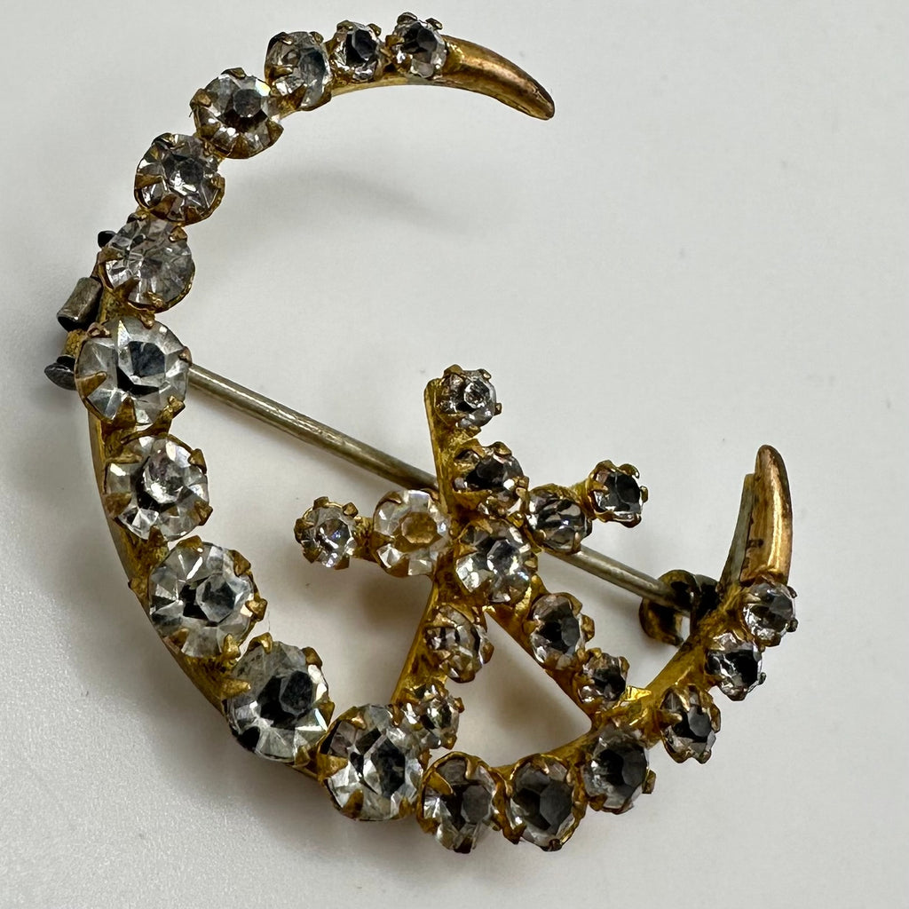 Antique Victorian gold gilt clear glass rhinestones crescent moon star brooch