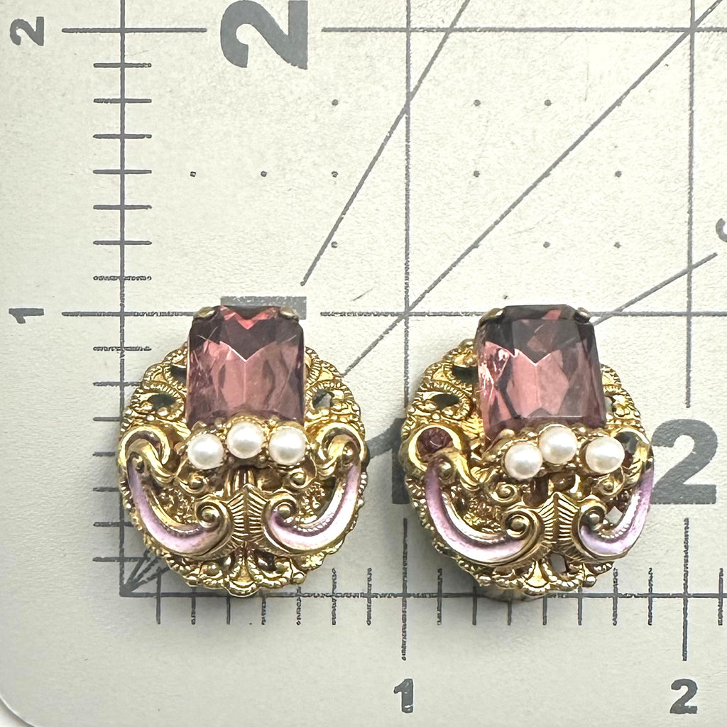 West Germany vintage gold tone filigree purple rhinestones clip on earrings