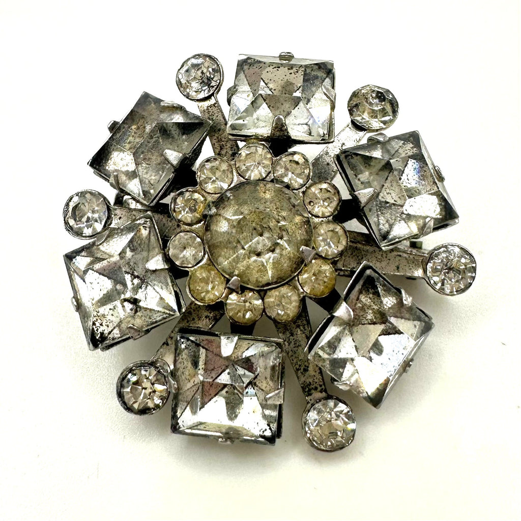 Vintage 1940s 1950s silver tone clear glass rhinestones brooch pendant 1.25"