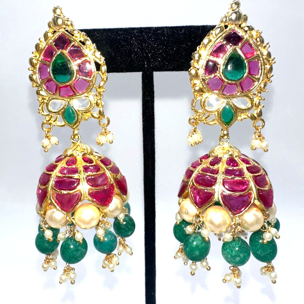 Indian Bridal gold plated real ruby green gems beaded pearls jhumka earrings