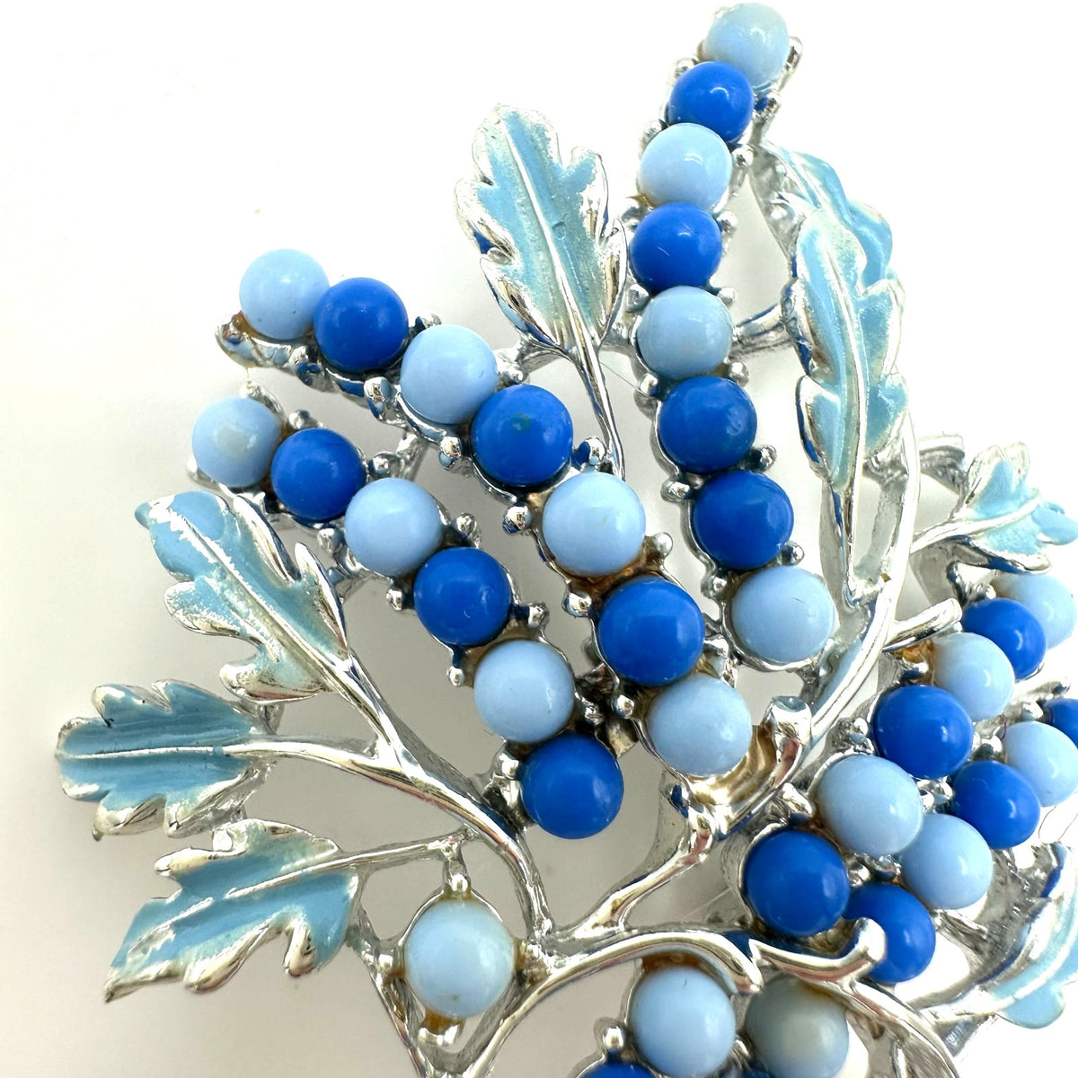 Coro signed vintage silver tone blue enamel beaded leaf leaves brooch