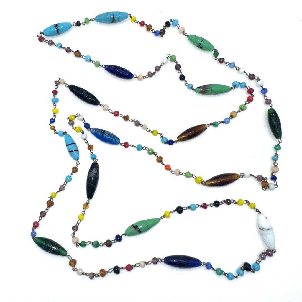 Antique Art Deco Czech art glass multicolor beads beaded brass 51" necklace