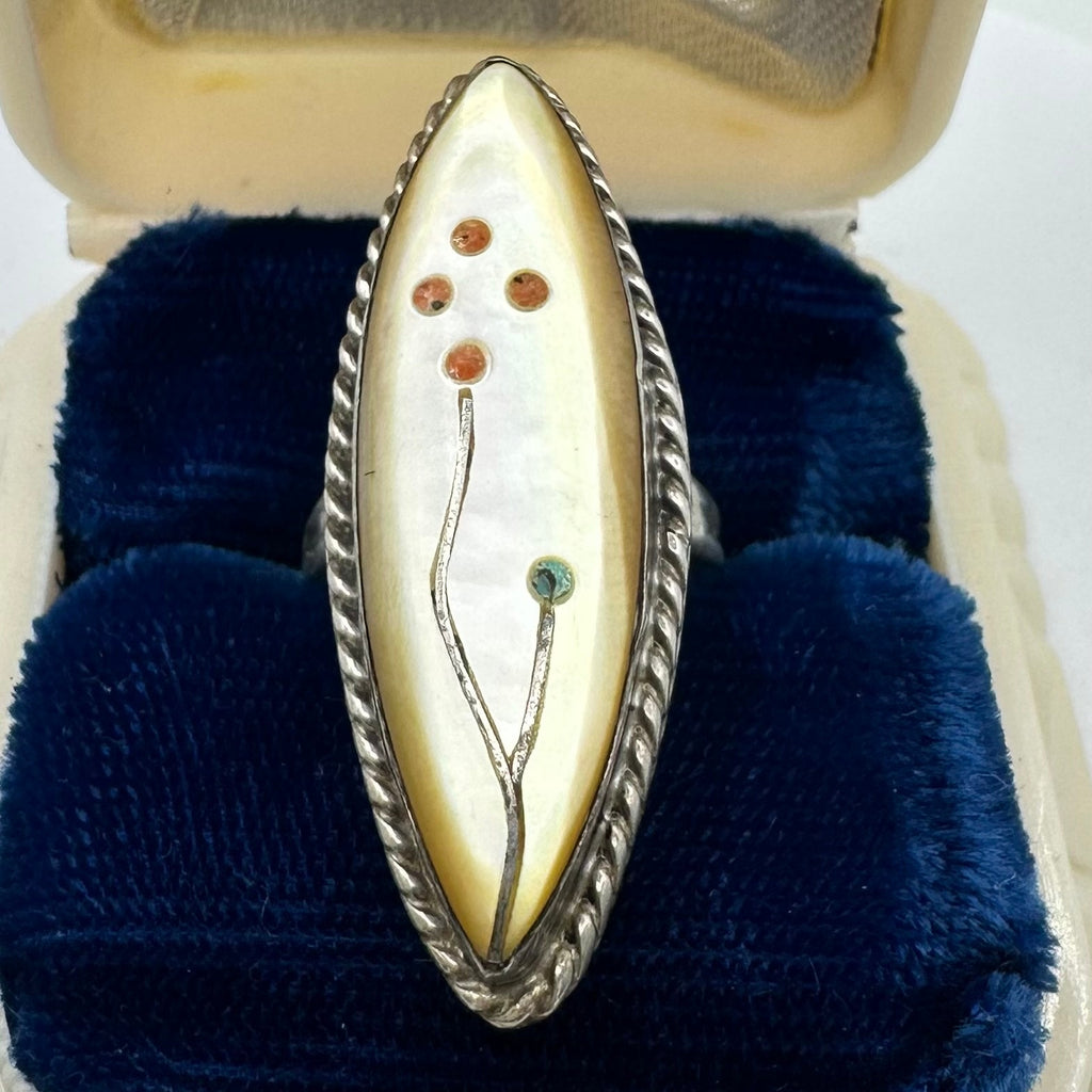 Zuni Native American sterling silver mother of pearl coral turquoise inlay ring