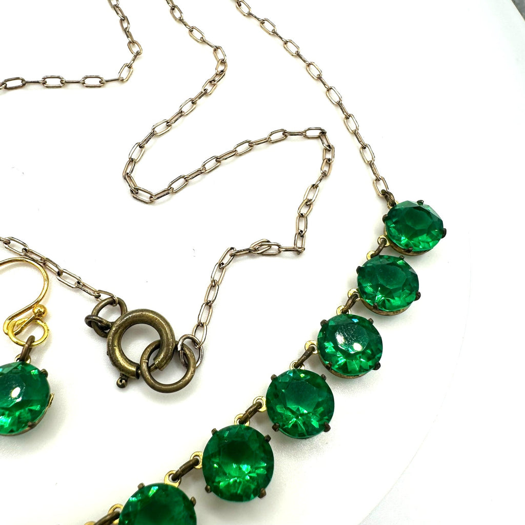 Antique Art Deco green Czech glass rhinestones rivière chain necklace earrings