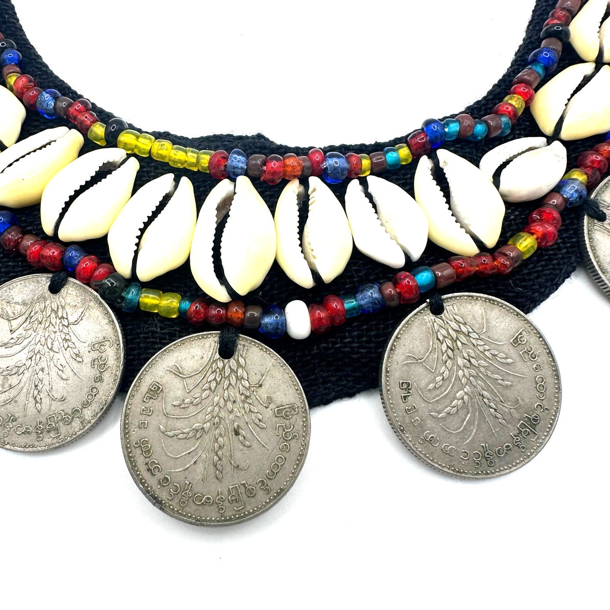 Vintage real Burmese coins beaded cowrie shells black bib statement necklace