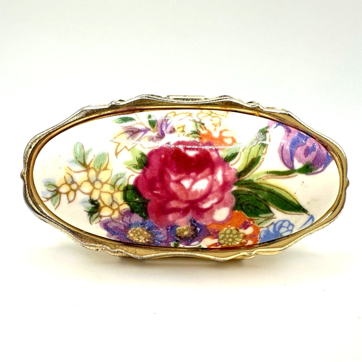 Japan 1950s vintage gold tone porcelain floral lipstick holder mirror compact