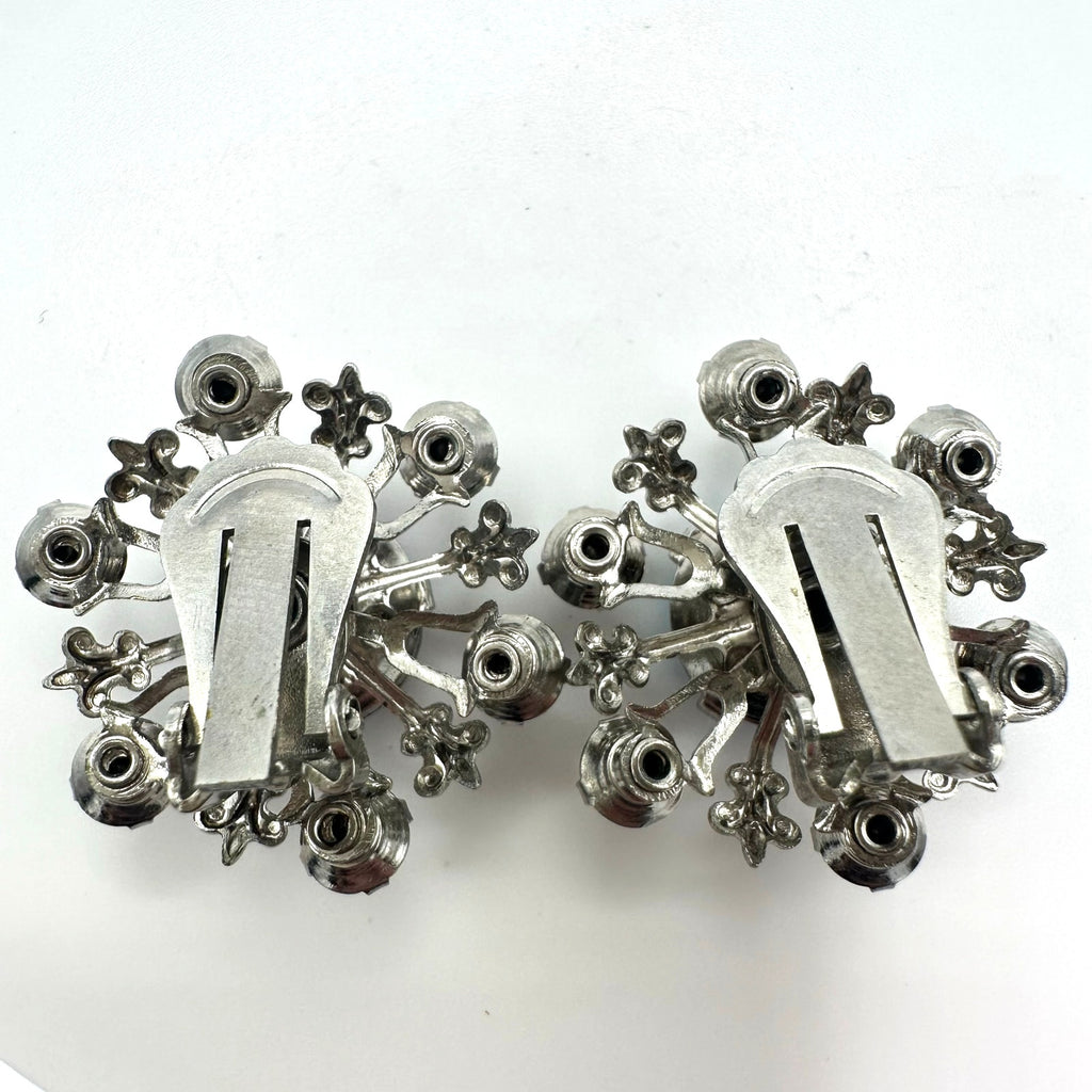Vintage silver tone gray blue AB aurora borealis rhinestones clip on earrings