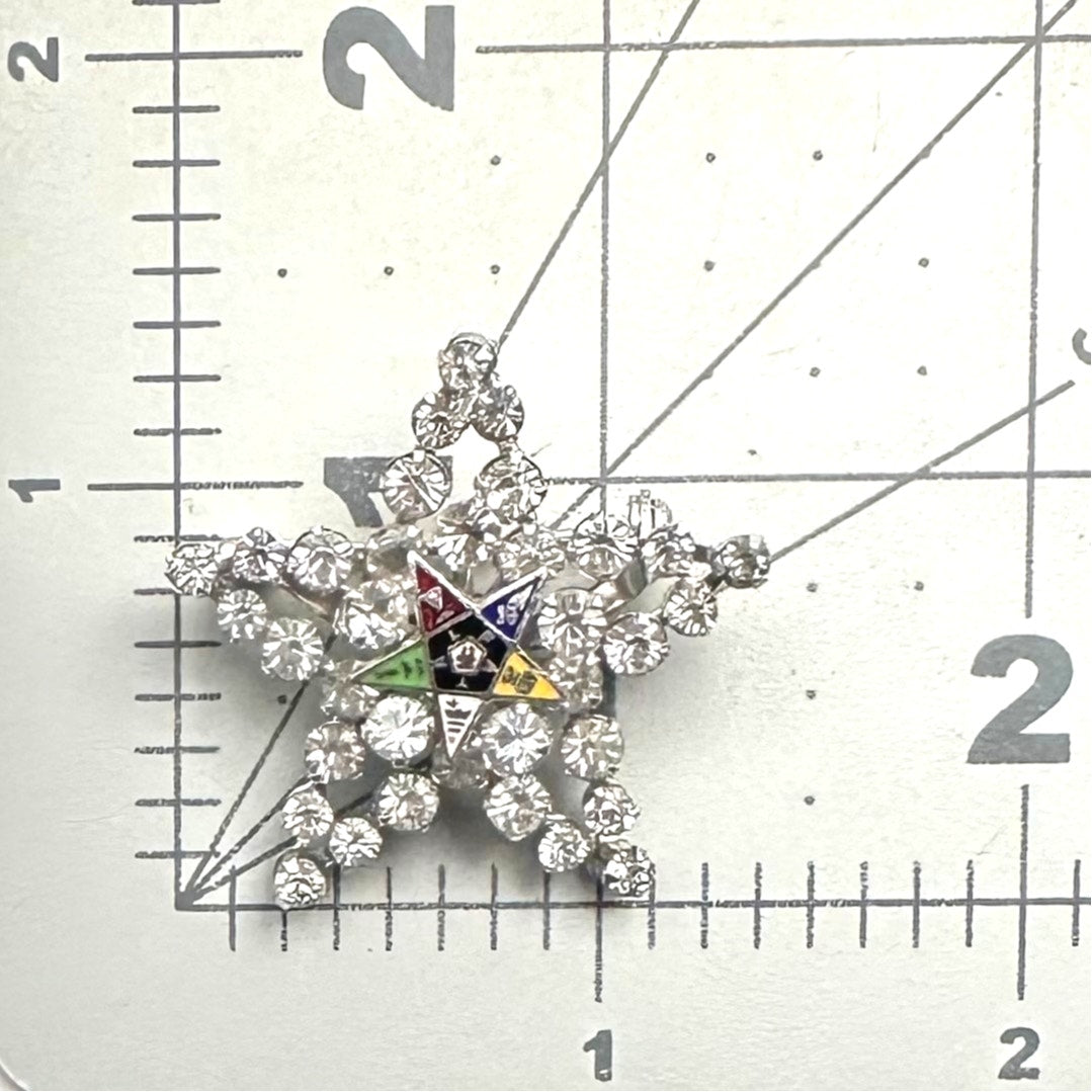 Order of the Eastern 5 point Star vintage silver tone rhinestones enamel brooch