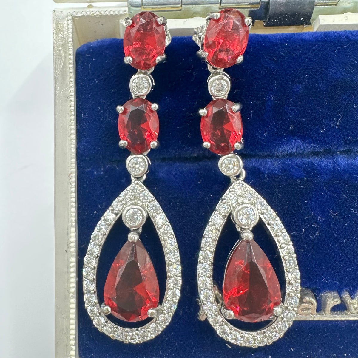 Silver tone red crimson clear cubic zirconia CZ posts dangle drop earrings