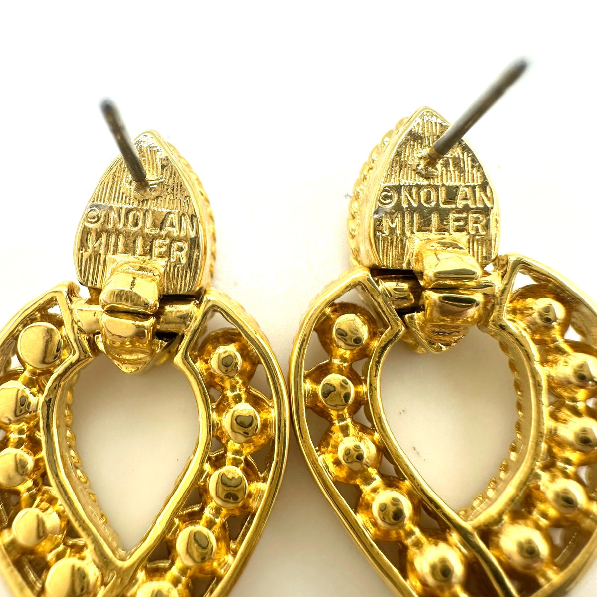 Nolan Miller gold tone clear rhinestones door knocker dangle drop post earrings
