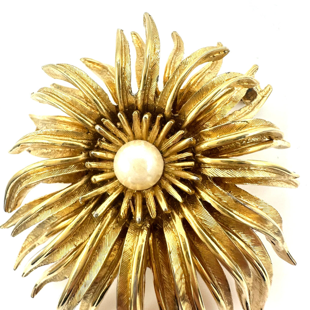 Marcel Boucher signed vintage gold tone real pearl 3D flower floral brooch