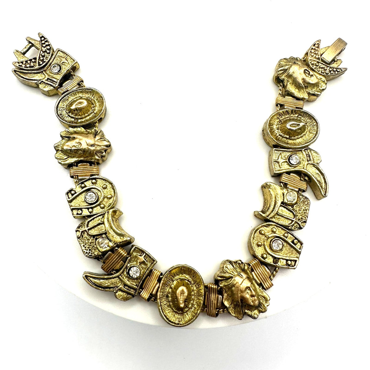 Vintage gold tone Southwestern cowboy hat boots rhinestone slider charm bracelet