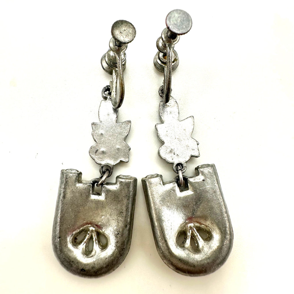 Antique Art Deco silver tone Czech glass rhinestones drop screw back earrings