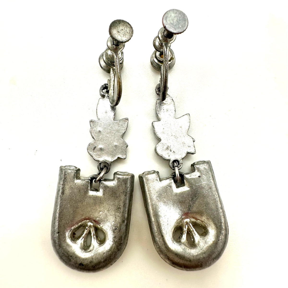 Antique Art Deco silver tone Czech glass rhinestones drop screw back earrings
