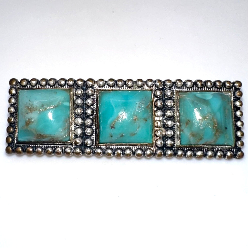 Antique Art Deco faux turquoise art glass cabochons silver gilt brass brooch
