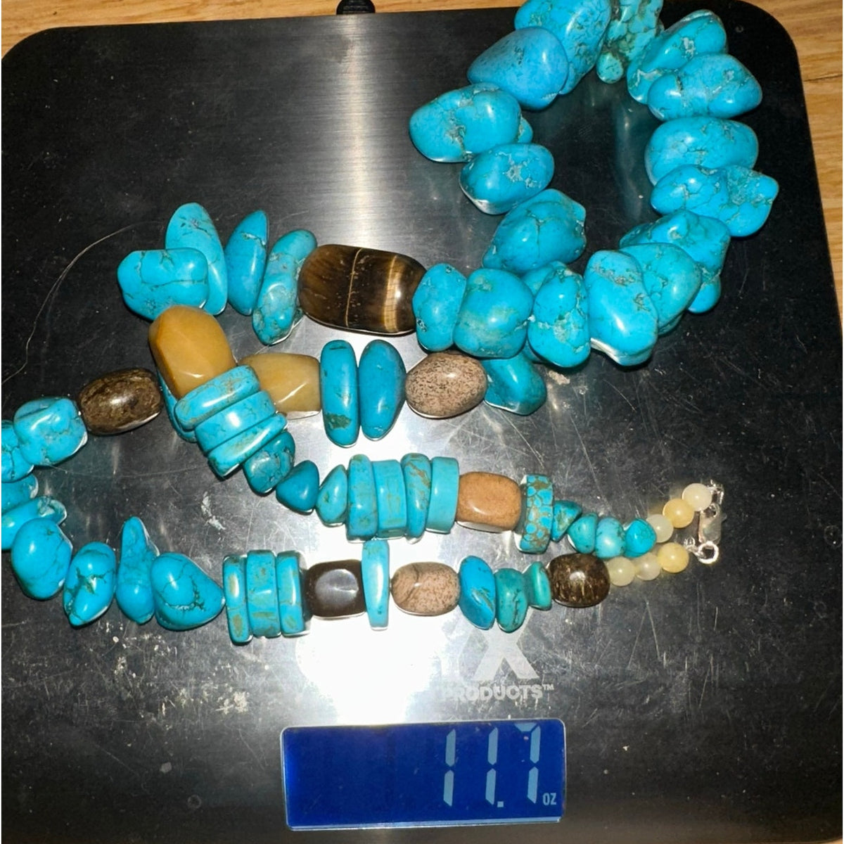 Turquoise tiger’s eye agate beaded sterling silver 30” statement necklace 331g