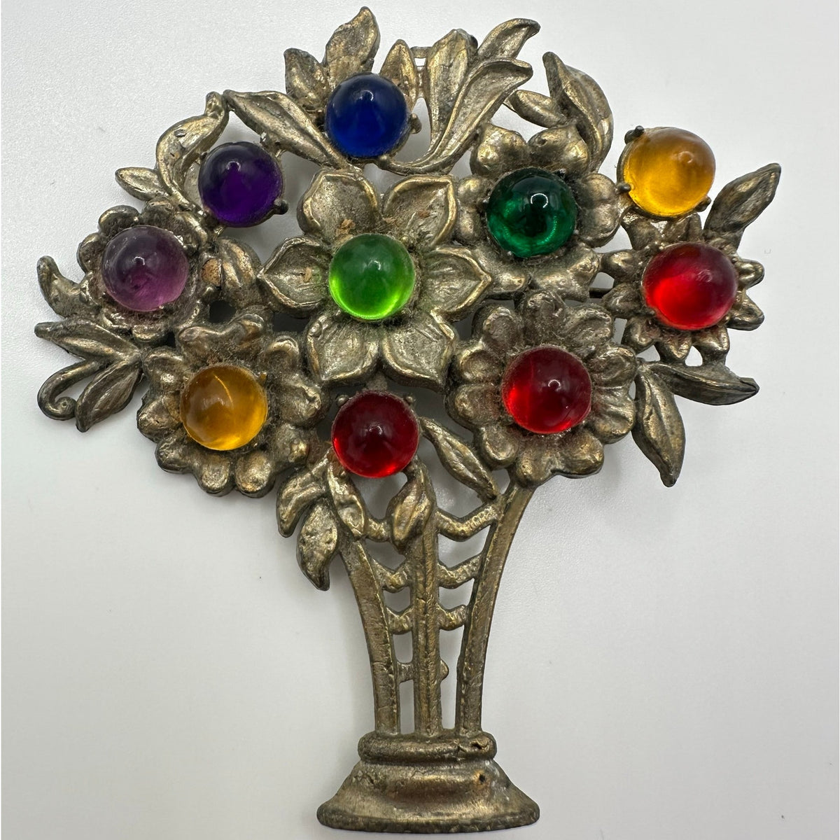 Vintage 1940s silver tone multicolor lucite cabochons flowers basket brooch