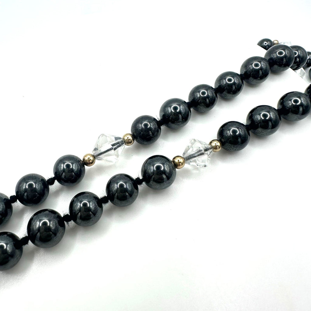 Silver semiprecious hematite clear glass 8mm beads beaded hand knotted necklace
