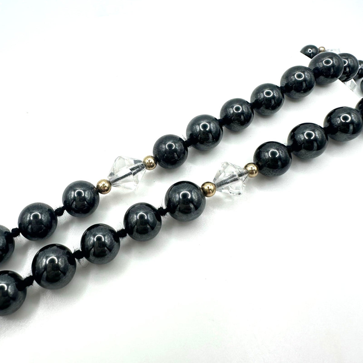 Silver semiprecious hematite clear glass 8mm beads beaded hand knotted necklace