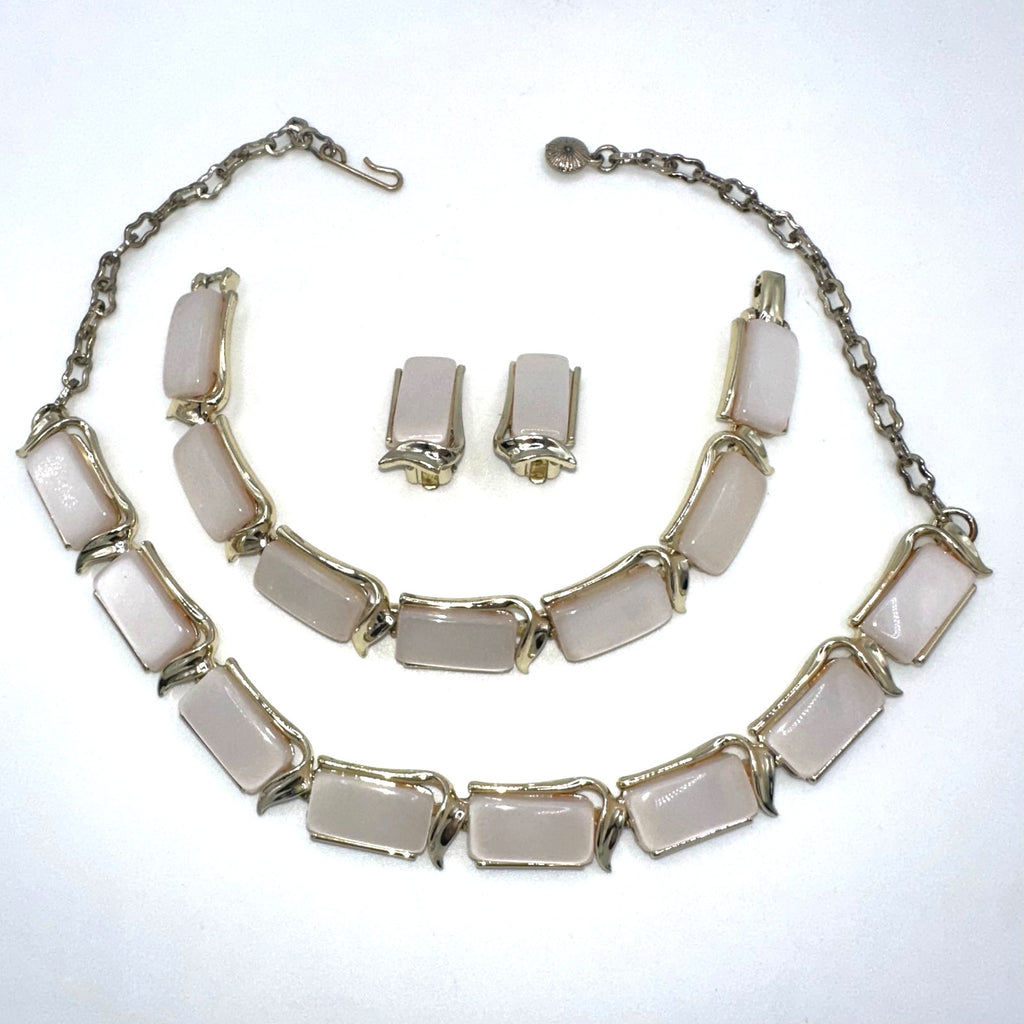 Vintage gold tone white moonglow lucite necklace bracelet earrings set parure