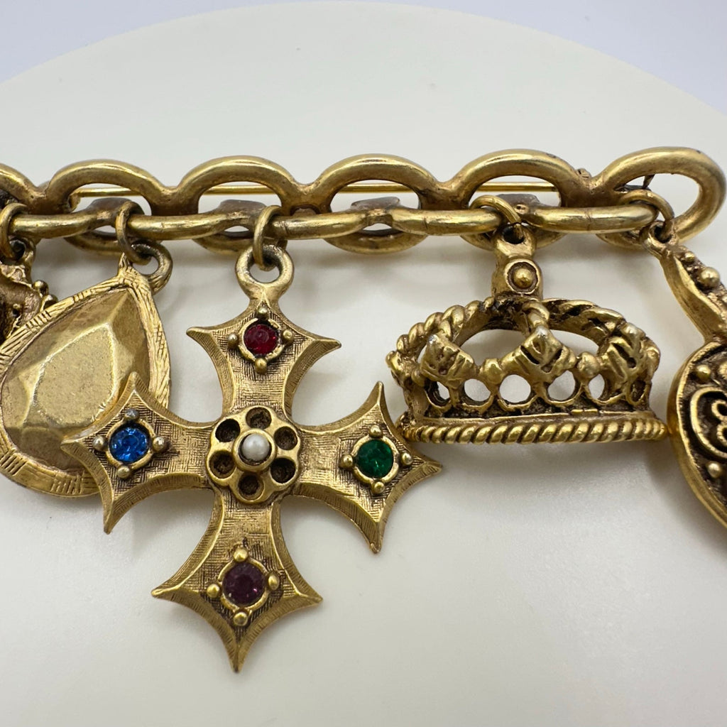 Vintage gold tone Victorian Revival 5 dangling charms crown Maltese cross brooch