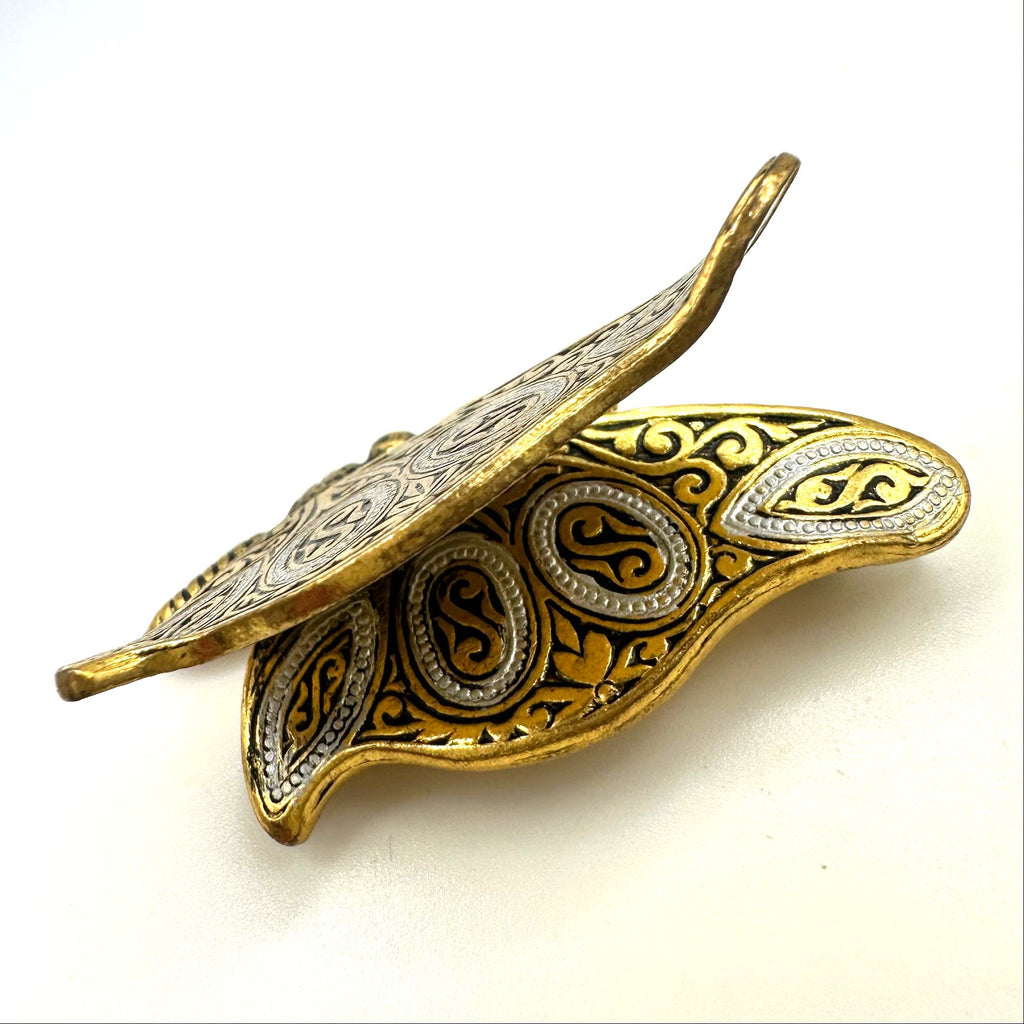 Spain Toledo Damascene gold tone black silver enamel 3D butterfly brooch pin