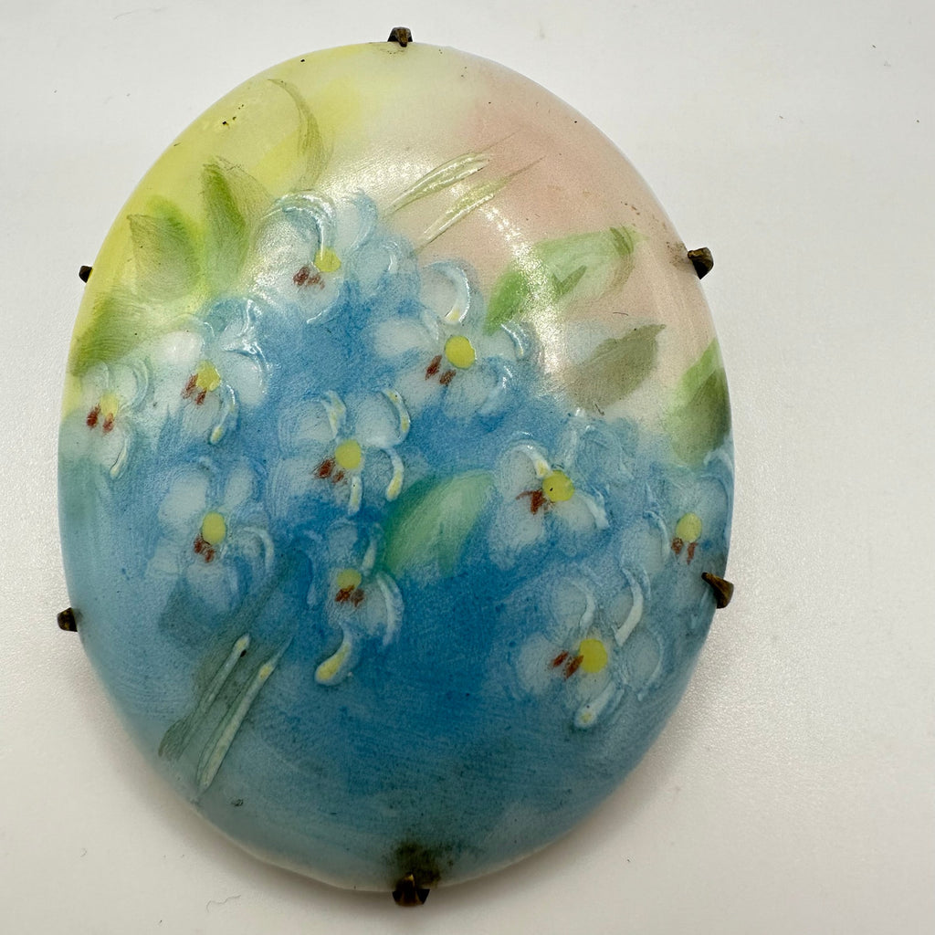 Antique Victorian Edwardian hand painted blue pink green floral brooch pin