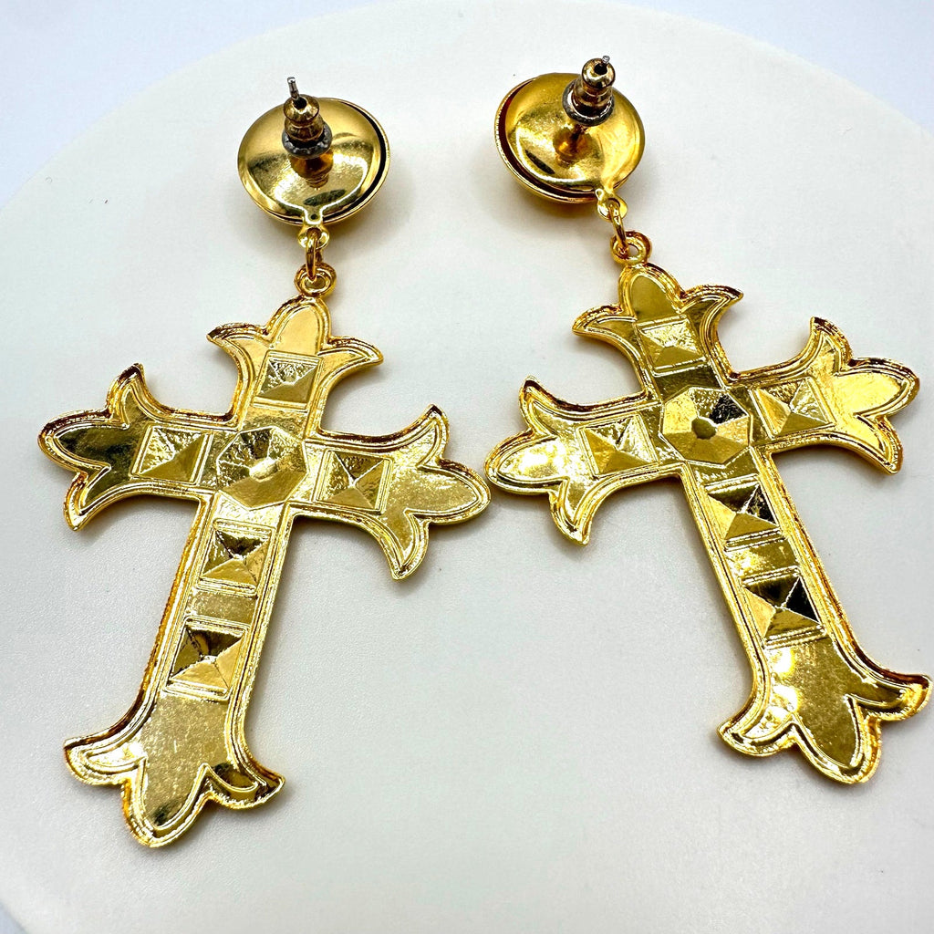 Vintage gold tone dangle drop cross domed post statement earrings 3"