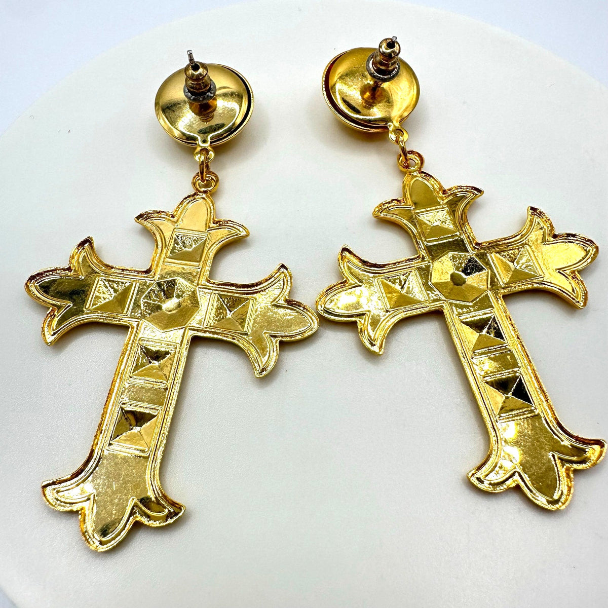 Vintage gold tone dangle drop cross domed post statement earrings 3"