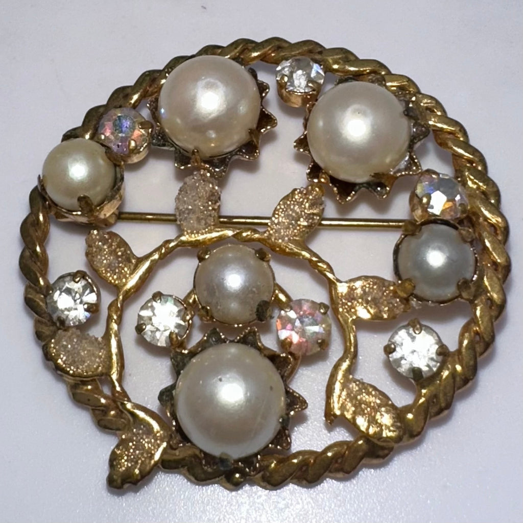 Austria 1950s gold tone aurora borealis AB clear rhinestones faux pearls brooch