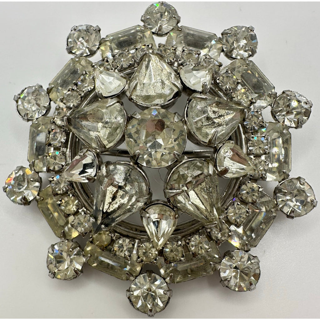 1950s vintage silver tone clear rhinestones sawtooth prong round domed 3D brooch