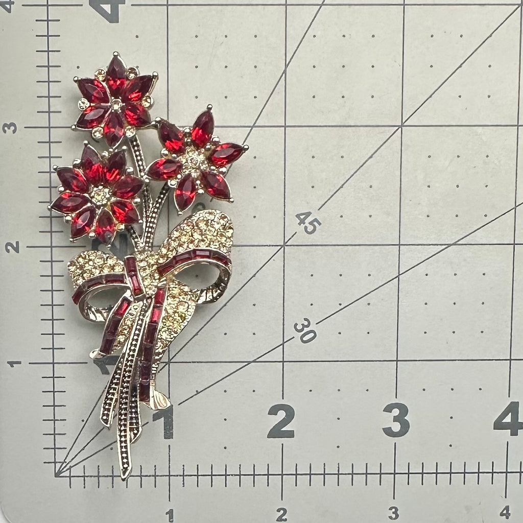 Avon 2013 gold tone red topaz rhinestones poinsettias flowers bouquet brooch