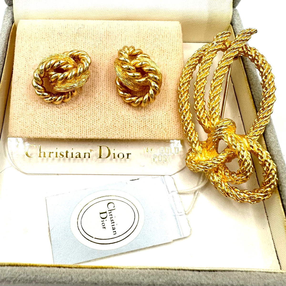 NWT Christian Dior gold plated twisted rope brooch knot post earrings in box
