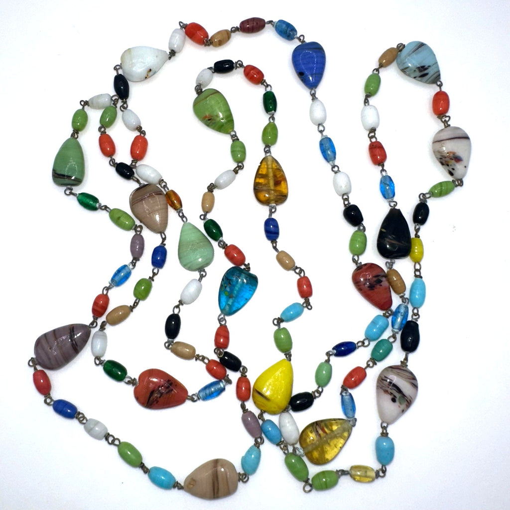 Antique Art Deco Czech art glass multicolor beads beaded brass 50" necklace