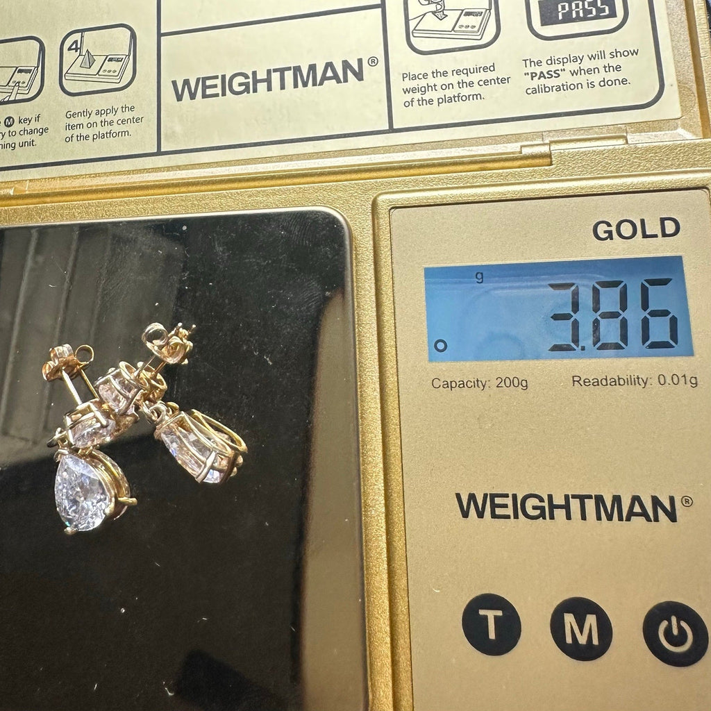 Solid 14kt yellow gold clear cubic zirconia CZ drop dangle post earrings 3.86g