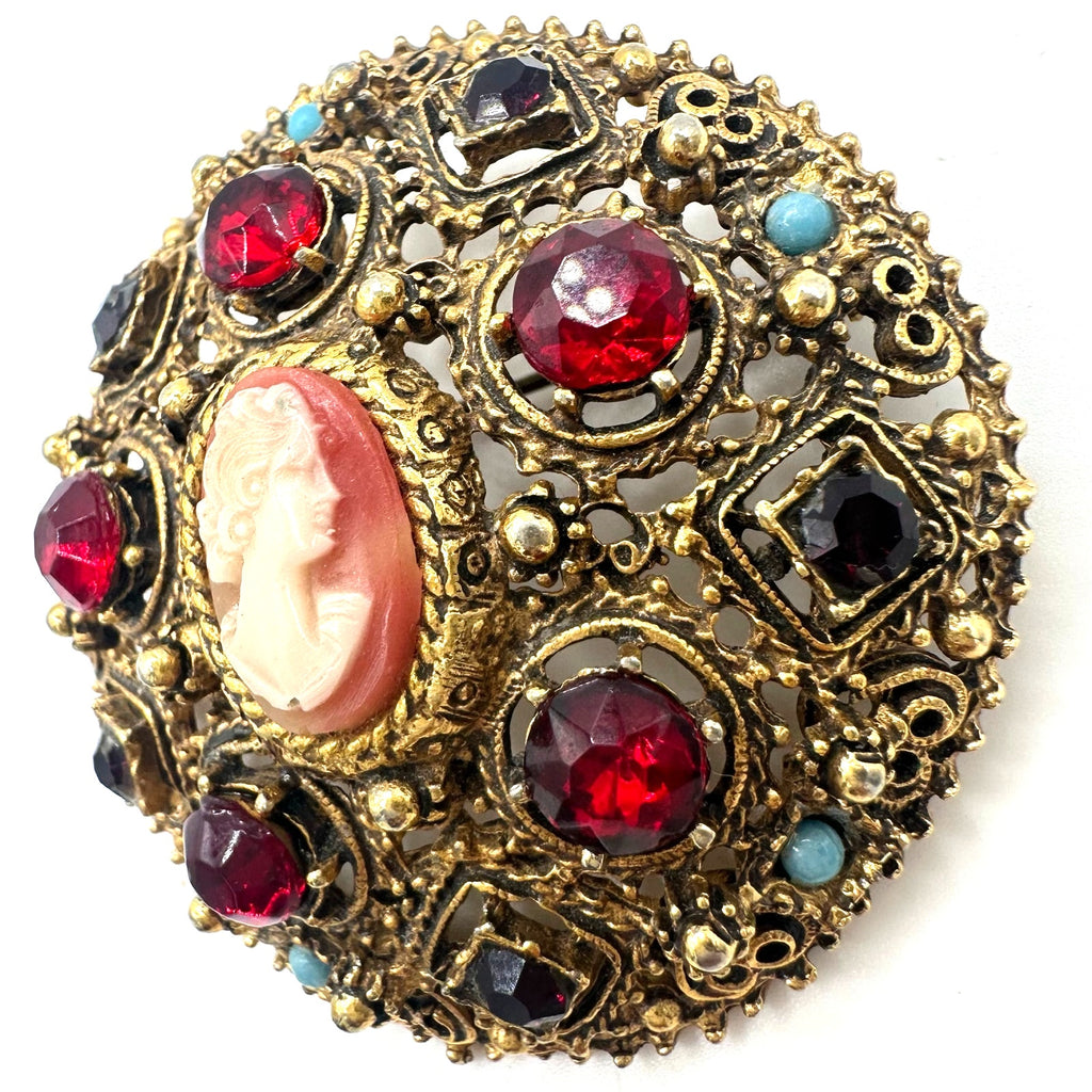 Florenza Victorian Revival gold tone red rhinestones faux turquoise cameo brooch